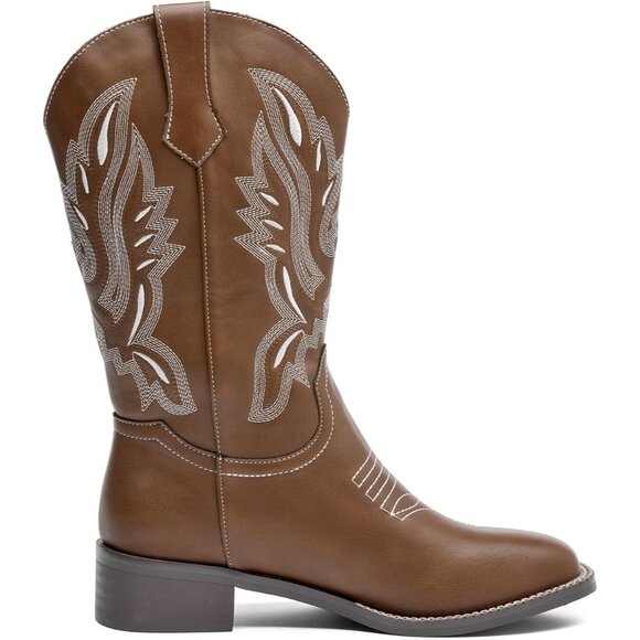 kkdom Cowboy Boots Women Brown Square Toe Western Cowgirl Mid Calf Shoes - Picture 2 of 8
